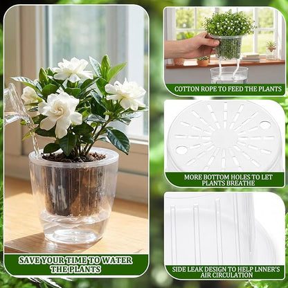 36 Pcs Self Watering Pots 3.5 Inch, 4.3 Inch Plastic Flower Plant Pot with Inner Pot Self Watering Wick Planter White Clear Flower Pots for Indoor House Plants Herbs, Flowers, (Transparent)