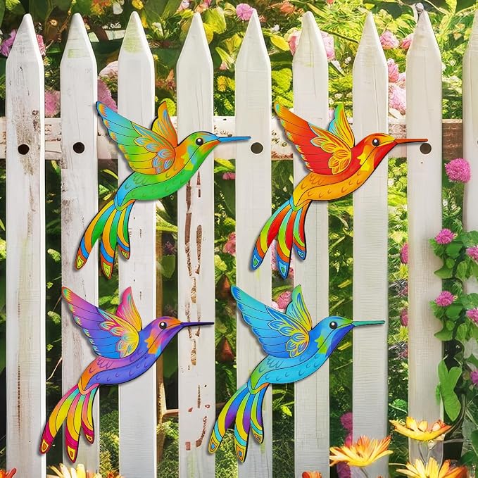 Metal Hummingbird Wall Decor,Outdoor Fence Birds Art Decoration,Hanging Decorations for Garden,Yard,Patio Balcony (4 Pack)