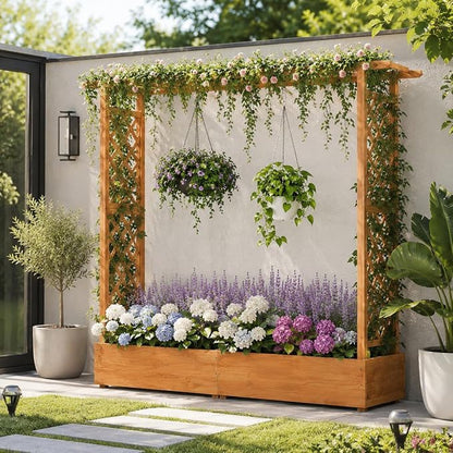 Giantex Raised Garden Bed with Trellis & Hanging Roof, 77" Wooden Elevated Planter Box w/Drainage Holes, Freestanding Garden Planter for Climbing Plants Vegetable Herb Flower, Patio Backyard Garden