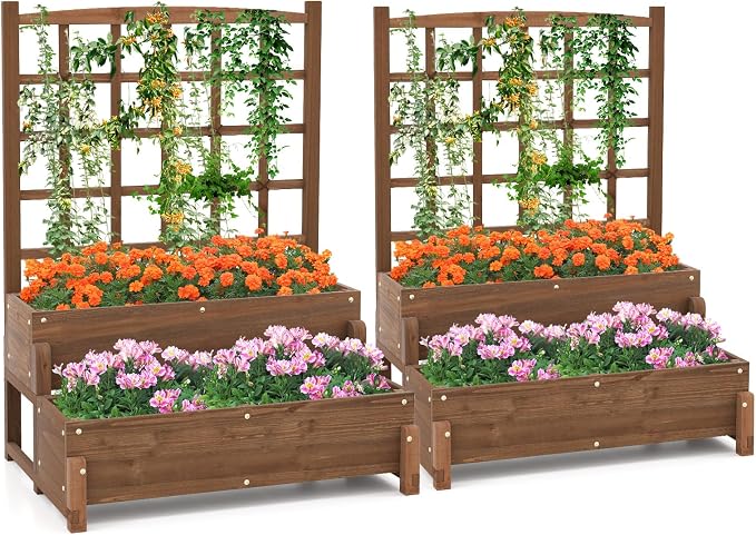 2 Pieces Raised Garden Bed with Trellis, 2-Tier Wooden Elevated Planter Box with Legs, Hemp Rope & Drainage Holes, Raised Plant Bed for Backyard, Garden, Lawn