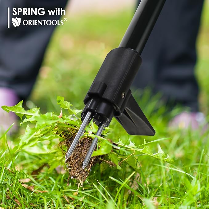 ORIENTOOLS Weed Puller Stand Up Weeder Hand Tool with 3 Claws for Dandelion, Steel Twist Hand Weed Root Pulling Tool Grabber and Picker, 38" Long Handle Lawn Easy Root Remover Garden Tool with D-Grip