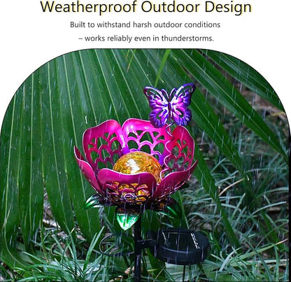 Solar Lights Outdoor Garden Decor, Metal Tulip & Butterfly Decoration Solar Lawn Lamp for Courtyard, Metal Flowers Outdoor Waterproof for Landscape Patio Yard Decor (Purple)