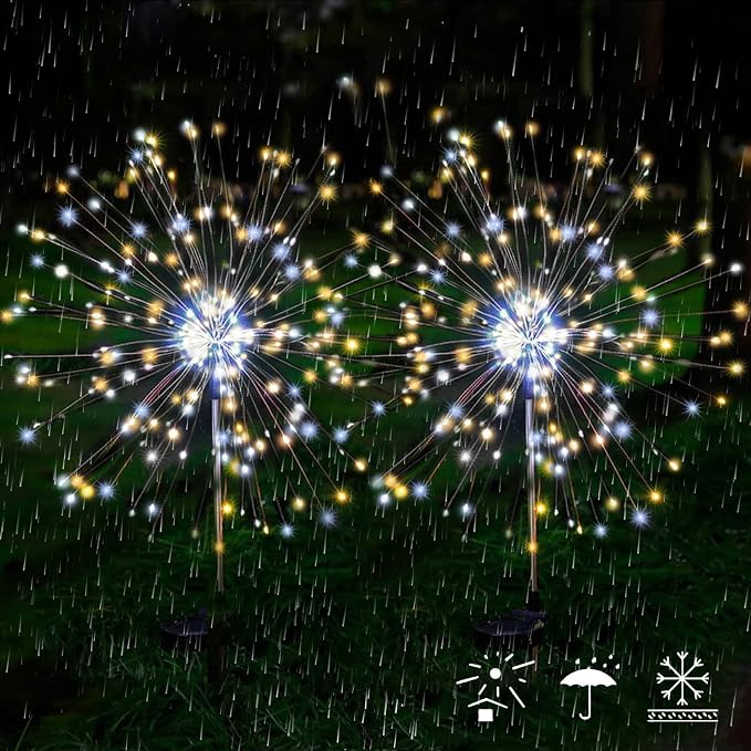 JJGoo Solar Firework Lights, 2 Pack 120 LEDs 2 Lighting Modes Solar Garden Lights Outdoor Waterproof for Yard Patio Walkway Pathway Party Wedding Christmas Decorative - Mixed Color
