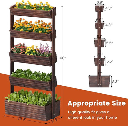 GHWIE Wooden Garden Planter Box, Raised Bed with Vertical Plant Rack, Indoor Outdoor Flower Herb Vegetable Stand (Carbonized, 5 Tier)