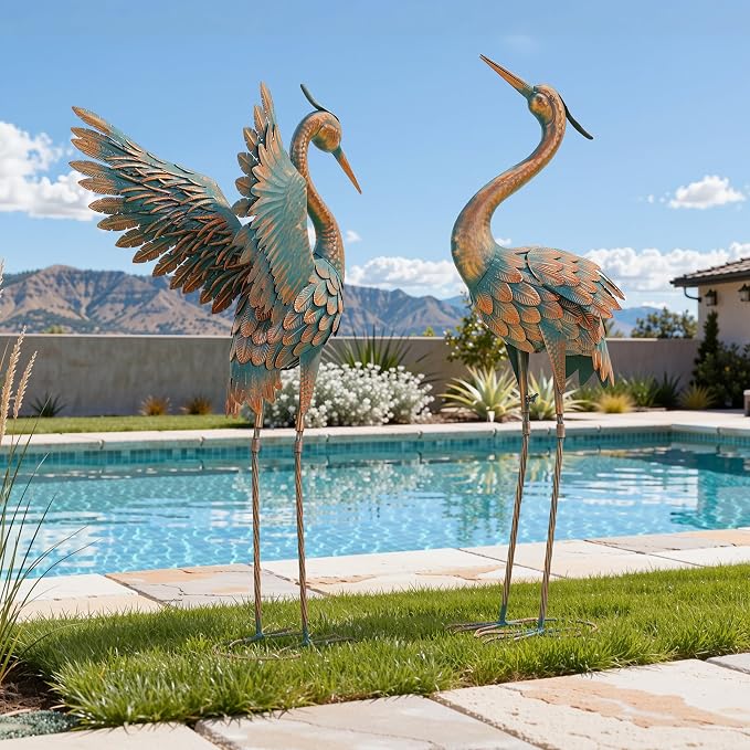 36.8" Metal Crane Garden Statue, Extra-Large Heron Yard Art | Handcrafted Blue Heron with U-ground Stakes for Stability. Weatherproof Iron Bird Art for Backyard, Lawn, Pond, or Patio.