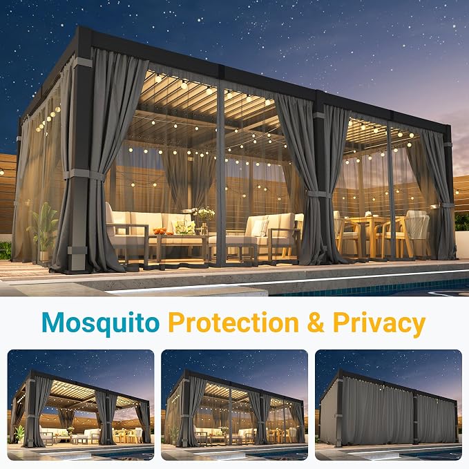 12' x 20' Louvered Pergola, Outdoor Pergola with Curtains & Netting, Aluminum Frame Patio Pergola with Adjustable Louvers Roof & Gutter System, Hardtop Gazebo for Patio, Deck, Garden, Yard, Dark Gray