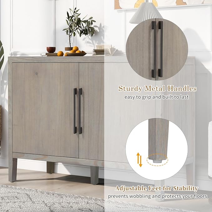 Merax Wood Farmhouse Buffet Sideboard with Metal Handles and 2 Doors, Coffee Bar Storge Cabinet Console Table for Living Room Bedroom Kitchen Hallway, Gray