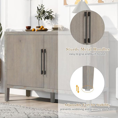 Merax Wood Farmhouse Buffet Sideboard with Metal Handles and 2 Doors, Coffee Bar Storge Cabinet Console Table for Living Room Bedroom Kitchen Hallway, Gray