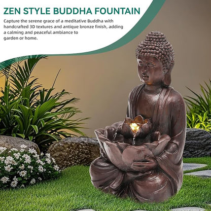 AUTODAYA 18.9" H Buddha Statue Outdoor Water Fountain with Warm LED Lights | Zen Style Garden Fountain with Relaxing Waterfall for Patio, Porch, or Yard Decor, Faux Bronze