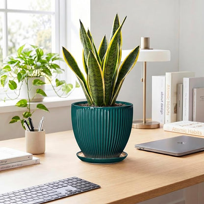Ceramic Planter, 8 Inch Plant Pots with Drainage Hole and Saucer, Round Flower Pots for Indoor Plants, Modern Decorative Pot for Plants, Bathroom Decor, Gifts for Plant Lovers, Blackish Green