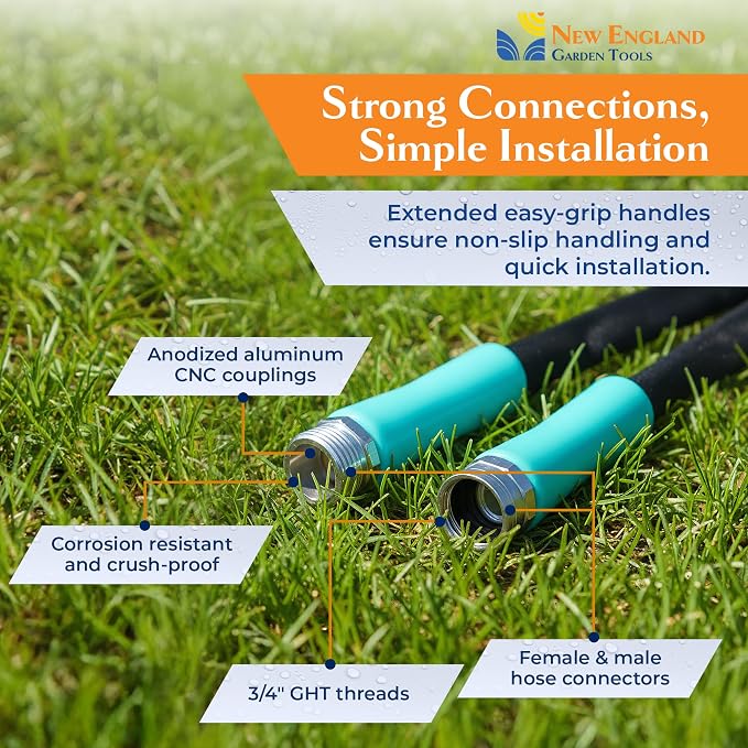 Lightweight Garden Hose 700008 (25 ft x ⅝ in), Portable Hose for Car Washing & Home Cleaning, Kink-Free, Built with Ballistic Nylon with Aluminum Couplings & Swivel Grips, by New England Garden Tools
