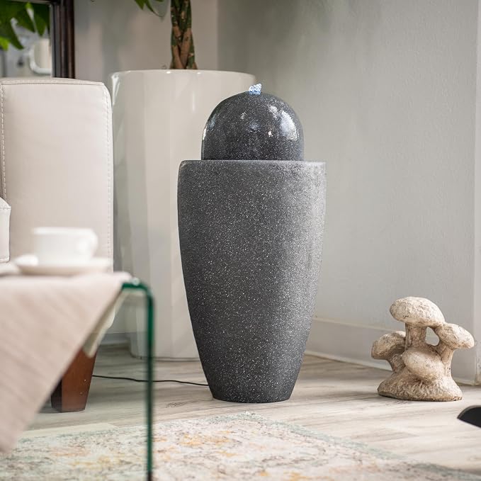 XBrand 25.98" Modern Sphere Water Fountain with LED Light – Indoor Outdoor Stone Texture Floor Fountain, Zen Bubbling Ball Water Feature for Garden Patio Porch - Gray