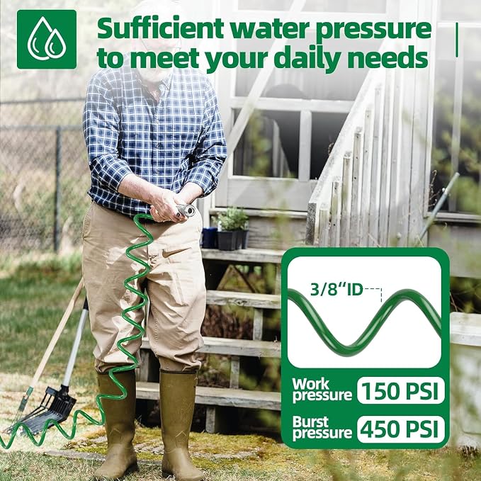 SPECILITE 3/8" Lightweight Coil Garden Hose 100FT, EVA Flexible Curly Water Pipes with 6-Pattern Spray Nozzle for Boat, Greenhouse, Yard, Patio, Green