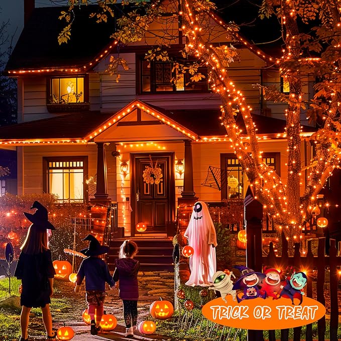 JMEXSUSS 2 Pack Solar Halloween Lights, Total 151FT 400 LED, Orange | Halloween Lights Outdoor Waterproof, 8 Modes Solar String Lights for Outside Patio Tree Garden Yard Halloween Decorations