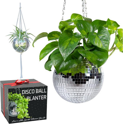 SCANDINORDICA Disco Ball Planter – Value Package: Mirror Disco Planter with Chain, Macrame Hanger and Acrylic Stand for Desk, Includes Self Watering Insert, Disco Ball Decor | 6 inch Silver