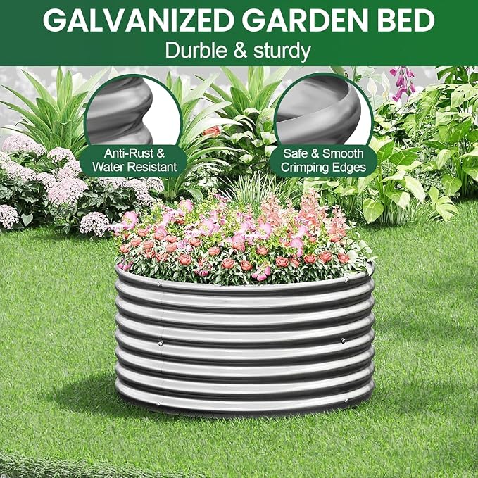 4 Pack Tall 2x2x1.5FT Round Corrugated Galvanized Steel Raised Garden Bed Outdoor, Metal Above Ground Garden Bed for Vegetables and Flowers, Raised Beds for Gardening