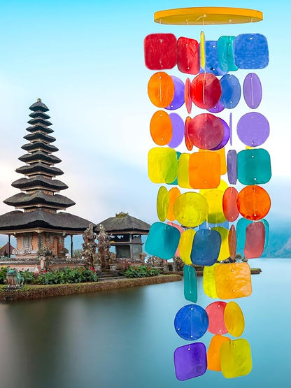 Bellaa Handmade Wind Chimes Outdoor, Musical, Garden Decorations, Beach, Ocean, Breeze, Gifts for Mom, Outside Windchimes, 63pcs, Capiz, Shells, Sea, Glass, Wood 1 Rainbow