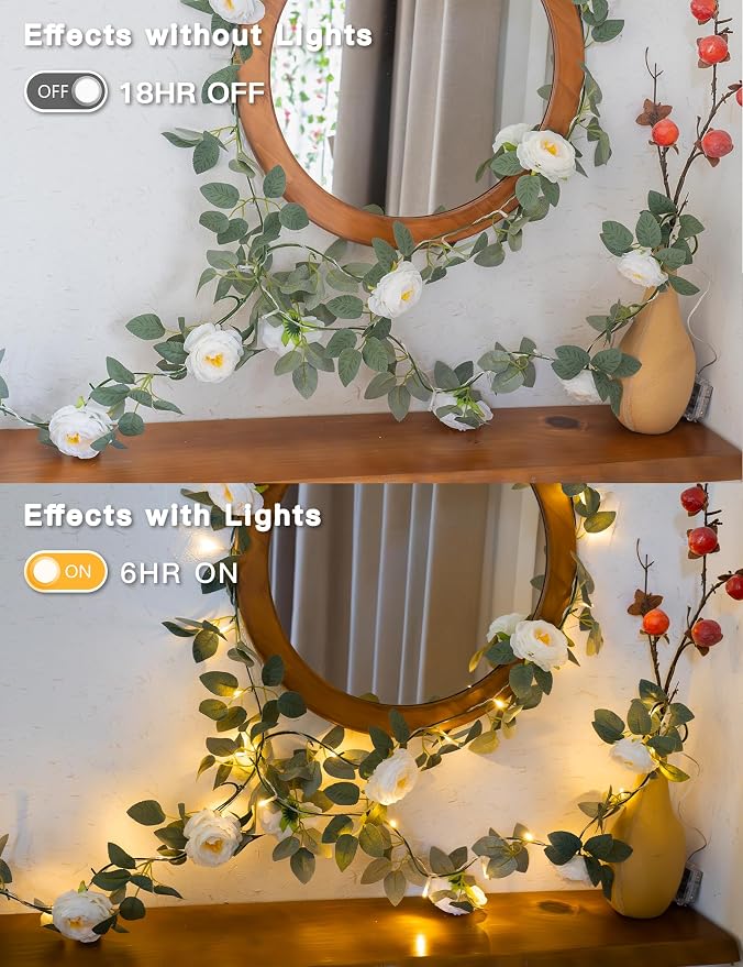 suddus Flower Garland with White Camellia Fairy Lights Indoor, 60 LED Vines String Lights Battery Operated with Remote, Artificial Fake Flowers Leaf Lights for Wedding,Bedroom,Centerpieces,Arch Decor