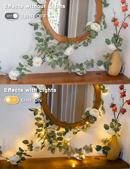suddus Flower Garland with White Camellia Fairy Lights Indoor, 60 LED Vines String Lights Battery Operated with Remote, Artificial Fake Flowers Leaf Lights for Wedding,Bedroom,Centerpieces,Arch Decor