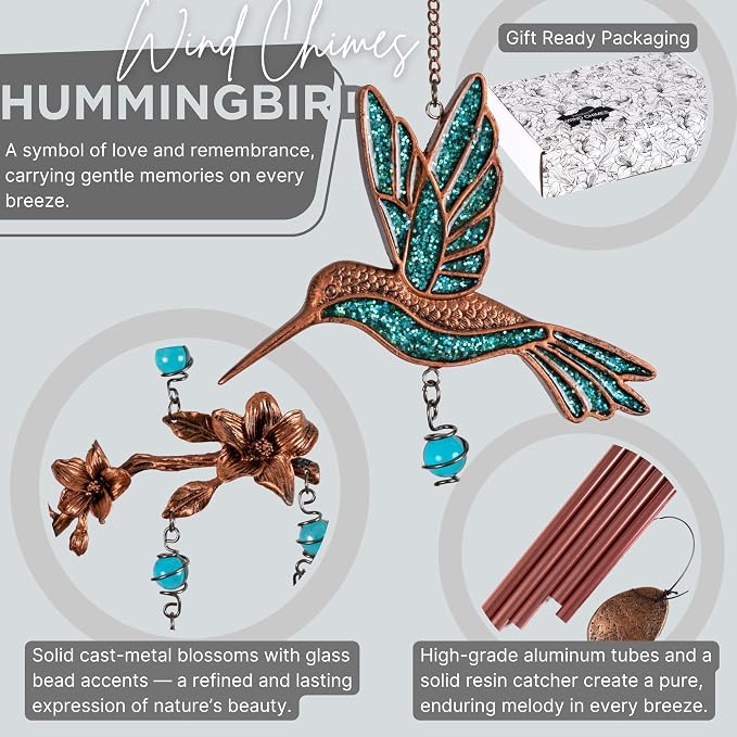Wind Chimes - Wind Chimes for Outside Deep Tone 32 inches 5 Aluminum Tubes, Birthday, Memorial, Gifts for Mom, Grandma, Daughter, Decoration for Home, Garden, Patio (32" Hummingbird Turquoise)