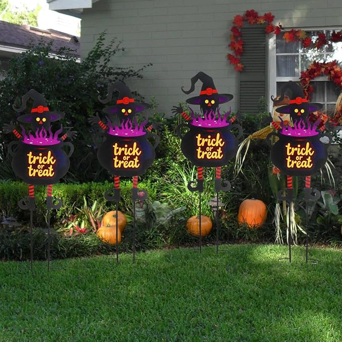 Witch Halloween Decorations Cauldron 39.7 inch with Trick or Treat Sign, Large Halloween Yard Stakes Metal for Garden, Lawn, and Outdoor Spooky Yard Decorations