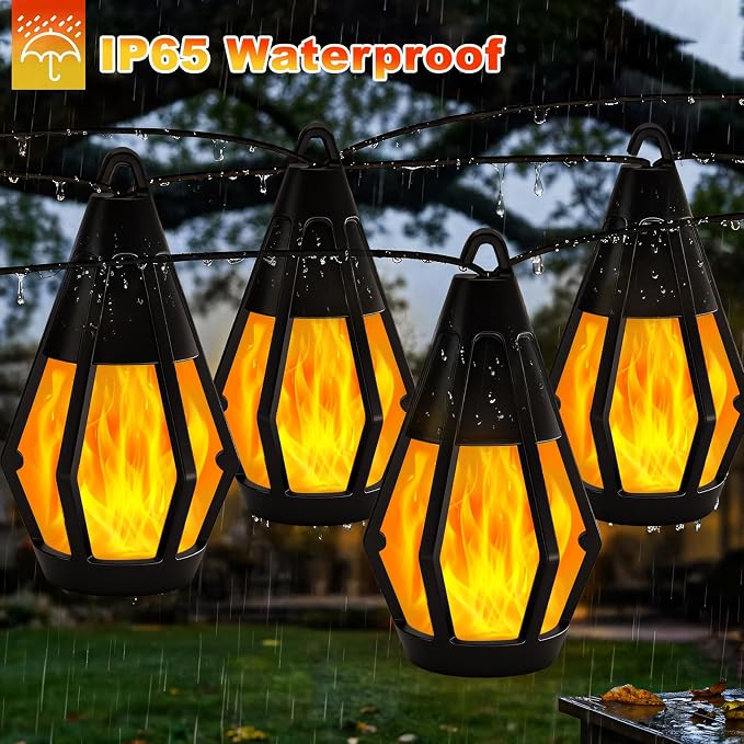 Vivideal Solar String Lights Outdoor Waterproof with 10 Flickering Flame Light Bulbs, 31ft Solar Outdoor String Lights for Outside Tree Patio Garden Porch Party Decorations, Warm White