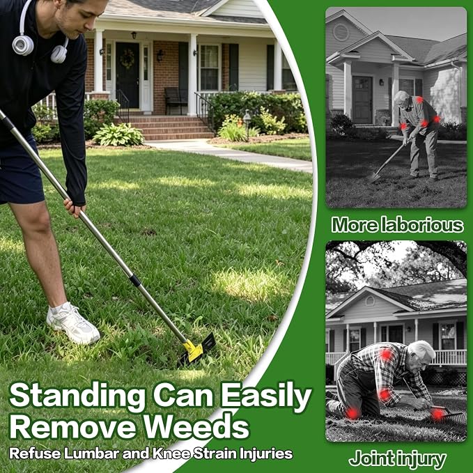 2-in-1 Garden Hoe and Weed Puller Rake, 60 Inch Adjustable Long Handle Weeding Tool Heavy Duty Spring Steel Head, Dual Side Hand Weed Rake, Weed Remover for Garden, Yard, Lawn, Driveway.