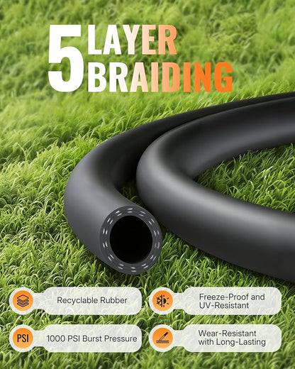 Heavy Duty Rubber Garden Hose 15FT x 5/8", Flexible Water Hose with 360° Swivel Brass Fittings, 300 PSI Working, 1000 PSI Burst, All Weather Outdoor Hose for Irrigation, Black B15GH06