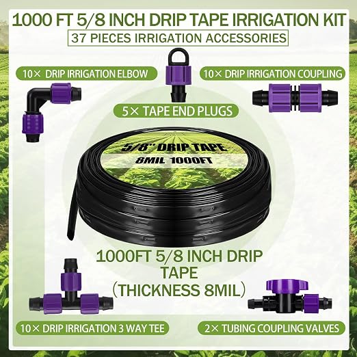 Tondiamo 1000' 5/8 Inch Drip Tape Irrigation Tubing Kit 16 Mil 6" Spacing Garden Hose Watering Tube Line Automatic Equipment for Garden Irrigation System Farms, Landscape, Lawn