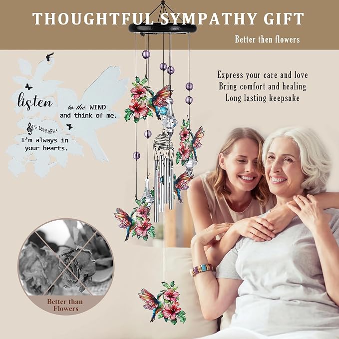YU FENG Hummingbird Memorial Wind Chime, Crystal Suncatcher Garden Decor | 27 Inch Pink Metal Wind Chime, Hummingbird Design, Sympathy Gift For Women Mom Grandma, Outdoor Hanging Decor