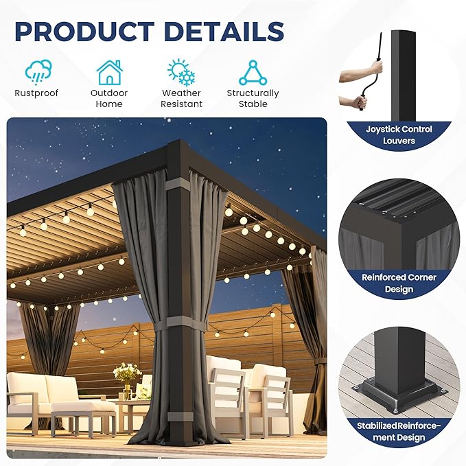 12' x 16' Louvered Pergola, Aluminum Frame Outdoor Pergola with Curtains & Netting, Adjustable Louvered Roof & Integrated Gutter System, Hardtop Patio Gazebo for Backyard, Patio, Garden, Dark Gray