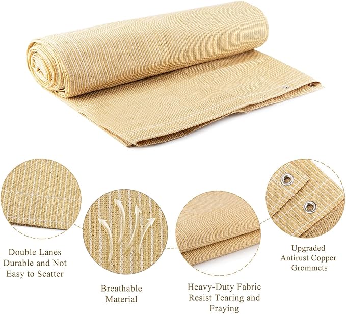 90% Outdoor Sun Shade Cloth, 6' x 10', Pergola, Deck, and Backyard Patio Sunshade with UV Protection, Heat Resistant HDPE Material, Reinforced Grommets (6x10 FT, Wheat)