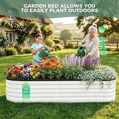 8x2x1.5ft Galvanized Raised Garden Bed Outdoor, 18'' Oval Large Metal Planter Garden Boxes for Gardening, Planting Deep Root Vegetables, Herbs, Fruits, Flower, Rustproof, Rubber Strip, White