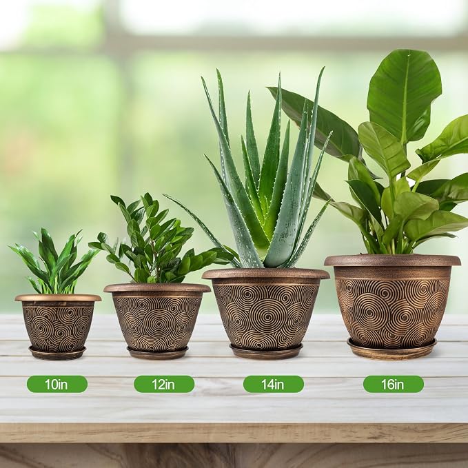 Fodetyff 14 Inch Large Planter Pot for Plants Indoor Outdoor, 4 Pack Plastic Flower Pots with Drainage Hole & Tray, Modern Decorative Garden Pot with Saucer, Plant Container for House