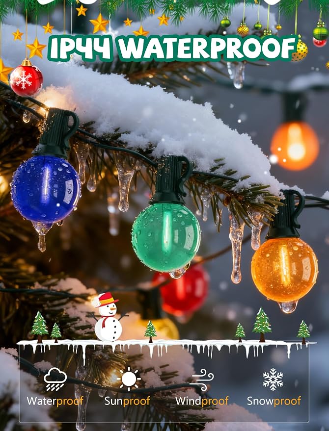 G40 LED Outdoor Christmas String Lights, 25FT Hanging Globe String Light | 25+2 Shatterproof Clear Multicolor Lights, Connectable, Waterproof Patio Lights for Balcony Pergola Decor, Green Wire