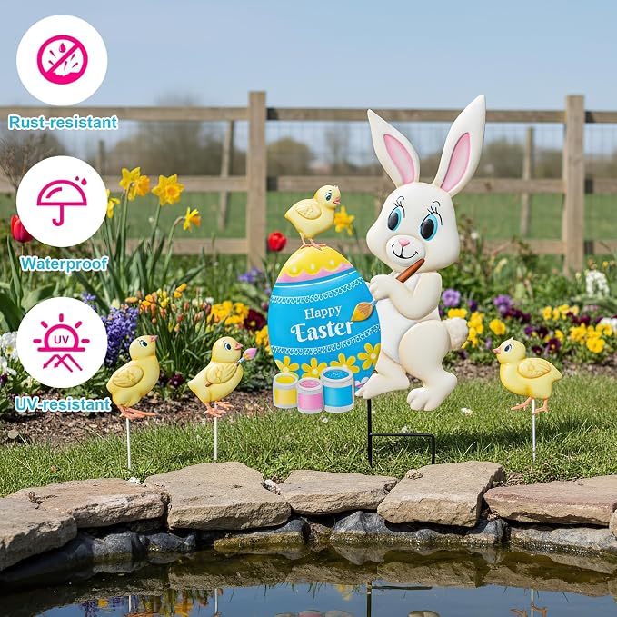 Yard Sign Stakes Made of Metal, Easter Yard Stakes with Bunny Egg for Easter Decorations Outdoor Garden Lawn Porch