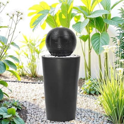 Autodaya 30"H Ceramic Sphere Water Fountain with LED Light for Garden Patio | Modern Minimalist Design, Black Glaze with White Pebbles, Soothing Trickling Water Feature, Artistic Charm, Tranquil Ambiance