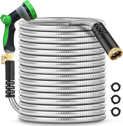 50Ft Metal Garden Hose durable stainless steel Water Hose, flexible, lightweight hose is resistant to kinks and tangles.With 10-way nozzle, strong 3/4” metal fittings, and a Stop Valve.