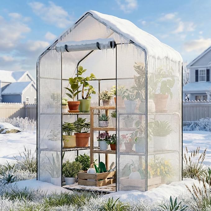 Superlele Walk-in Greenhouse for Outdoor, 56x29x77 Inch Portable Garden Green House with 6 Tiers (3 Tiers Each Side), Reinforced White PE Mesh Cover, 4 Ground Stakes for Stability, Zippered Door