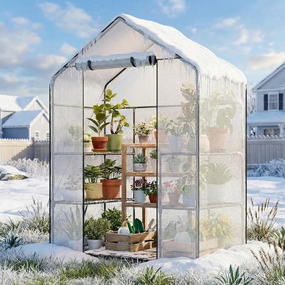 Superlele Walk-in Greenhouse for Outdoor, 56x29x77 Inch Portable Garden Green House with 6 Tiers (3 Tiers Each Side), Reinforced White PE Mesh Cover, 4 Ground Stakes for Stability, Zippered Door
