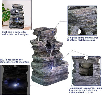 Ferrisland 5-Tier Cascading Tabletop Fountain with LED Lights - Indoor Water Fountain Decor Tabletop Small Relaxation Waterfall Feature Dark Gray