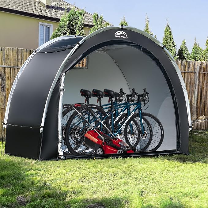 Happy Travel Bike Storage Tent Shed, Outdoor Waterproof Bicycle Covers Shelter with Window for 2/3/4/6/8 Bikes,Oversized Outside Portable Sheds for Lawn Mower,Garden Tools