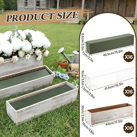 Sintuff 16 Set Rectangle Wooden Planters, 17 x 4 Inch Wood Boxes with Removable Plastic Liner & Floral Foam Blocks, Rustic Wood Planter for DIY Centerpieces Home Wedding Garden Bookshelf Decor