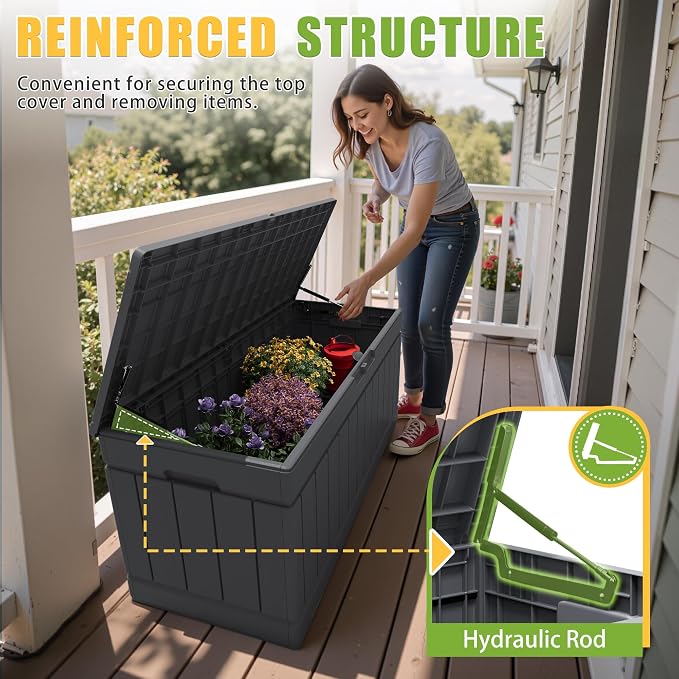 Greesum Outdoor Storage Box 82 Gallon Storage Bin with Lid for Patio Furniture, Garden Tools, Pool Supplies, Waterproof and UV Resistant, Lockable, Gray