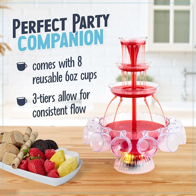Nostalgia 3-Tier Party Fountain, Holds 1.5 Gallons, LED Lighted Base, Includes 8 Reusable Cups, 1.5 Gallon, Clear