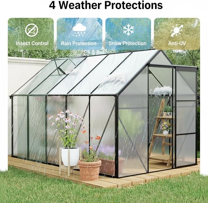 6x10 FT Greenhouse, Walk-in Polycarbonate Greenhouses with Sliding Doors, Aluminum Frame, Adjustable Roof Vent, Raised Base & Anchor, Outdoor Backyard Greenhouse for All Seasons, Black