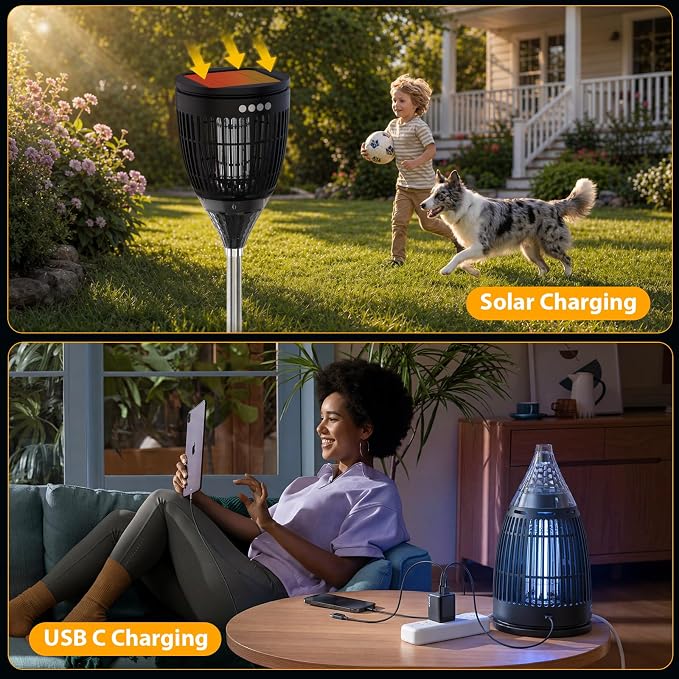 Rossetta Solar Bug Zapper Outdoor, Fly Zapper with Flame & Projector Light | 4200V Shock Grid, Solar & USB Charging, IPX5 Waterproof, Auto Mode, Cordless Electric Mosquito Killer for Patio, Garden