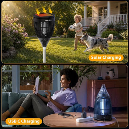 Rossetta Solar Bug Zapper Outdoor, Fly Zapper with Flame & Projector Light | 4200V Shock Grid, Solar & USB Charging, IPX5 Waterproof, Auto Mode, Cordless Electric Mosquito Killer for Patio, Garden