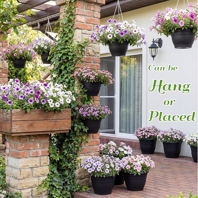 20 Pack 10 Inch Plastic Hanging Planter Bulk Black Hanging Baskets for Plants with Drainage Trays Self Watering Plant Pot Outdoor Indoor Planter for Garden, Balcony, Porch, Patio Decor