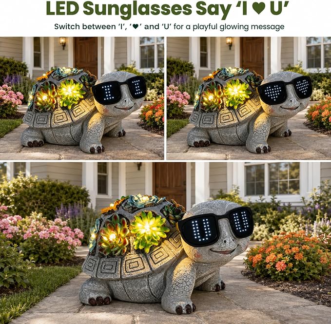 Unique Solar Garden Turtle Statue with I Love You LED Sunglasses and Succulent LED Lights, Lawn Decor Tortoise Figurine for Patio, Balcony Yard Ornament for Mom, Women & Grandma